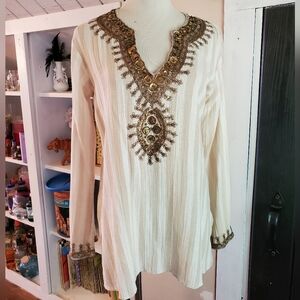 Sulu by Gopi Vaid Embroidered Beaded Bejeweled Tunic Size 8 Stripes Offwhite NWT